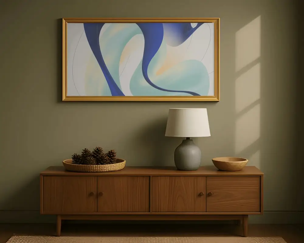 minimalistic-wall-mounted-picture-frame-above-wooden-sideboard-with-modern-lamp-bowl