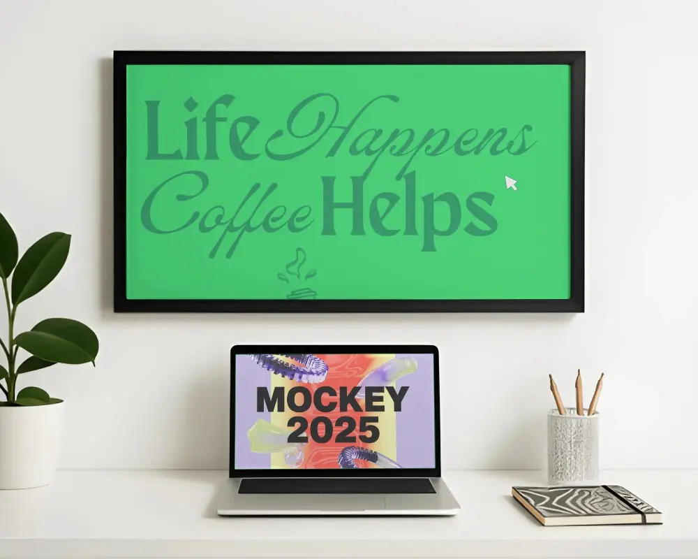modern-minimalist-workspace-with-wall-frame-and-laptop-screen-mockup-for-design