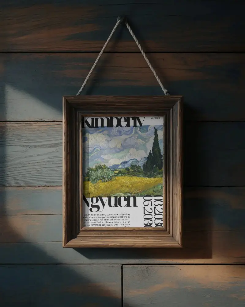 vintage-style-wall-mounted-frame-mockup-rope-hanger-on-aged-wood-plank-background