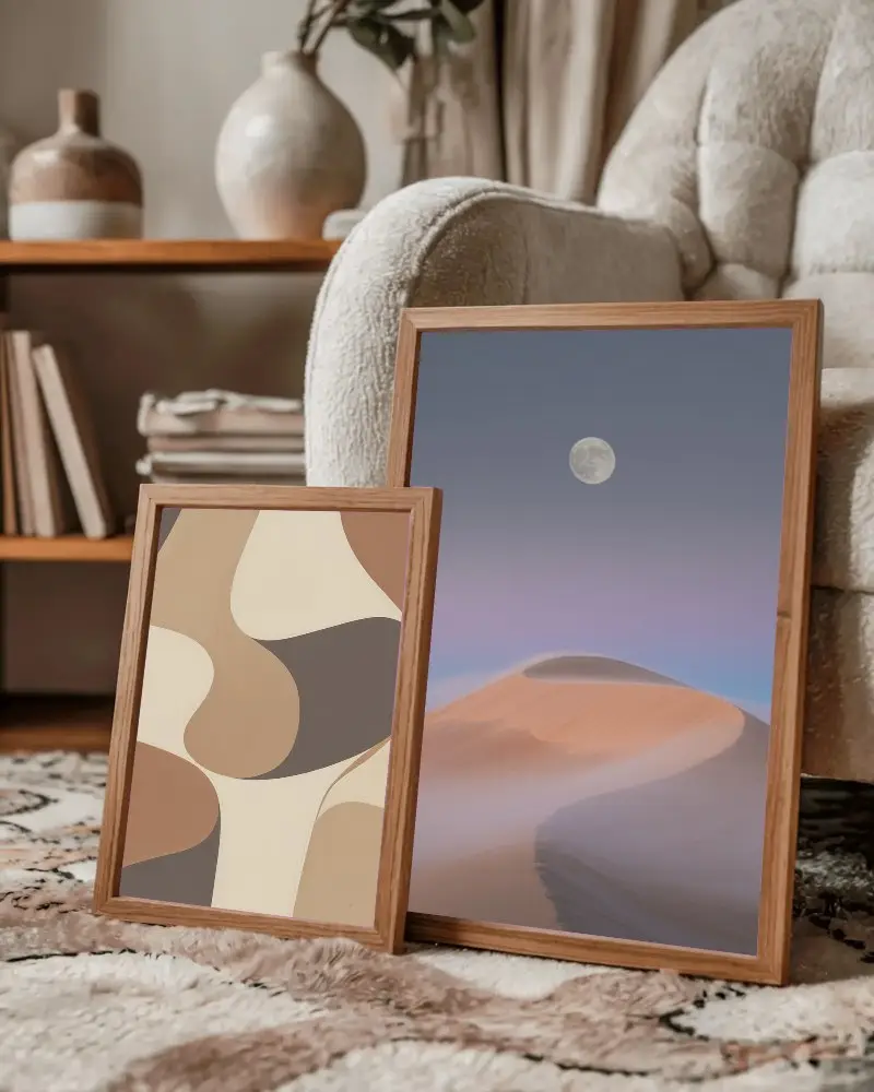 blank-photo-frame-mockup-on-textured-rug-next-to-cozy-upholstered-armchair