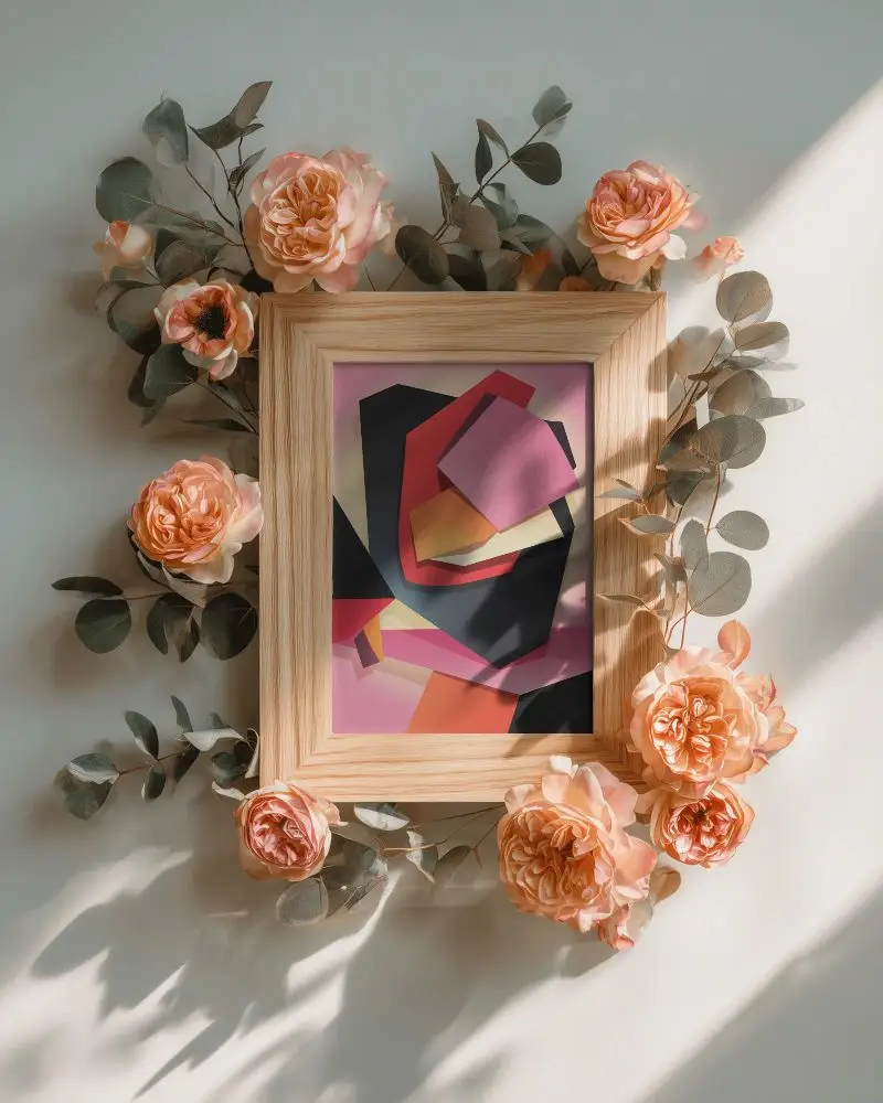 Wooden Frame Mockup With Floral Wreath For Home Decoration And Wall Art Display Design