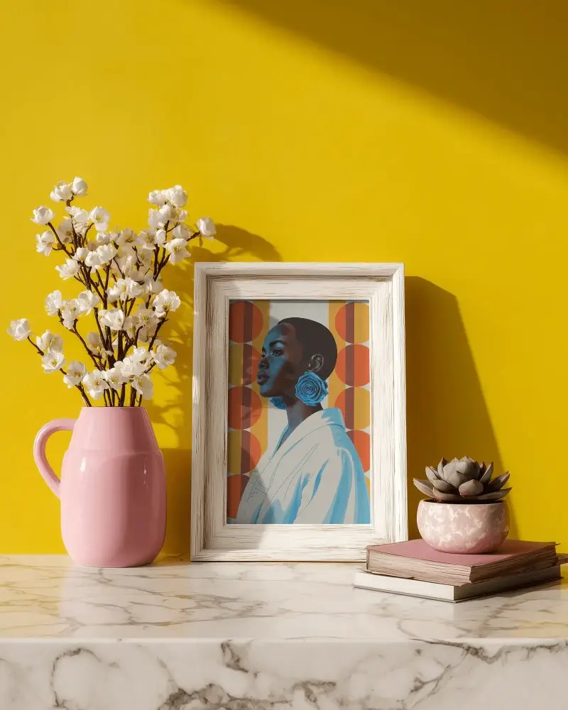 Rustic Wooden Frame Mockup On Marble Surface With Flower Bouquet And Succulent Decor