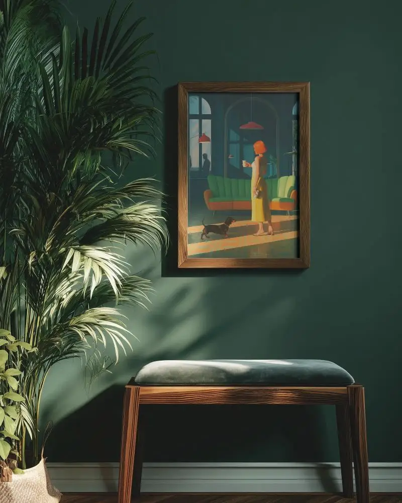 modern-wooden-frame-mockup-on-minimalist-green-wall-with-indoor-plant-and-bench-layout