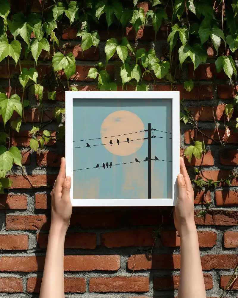 Hands Holding Square Photo Frame Mockup Against Brick Wall With Green Trailing Vines Background