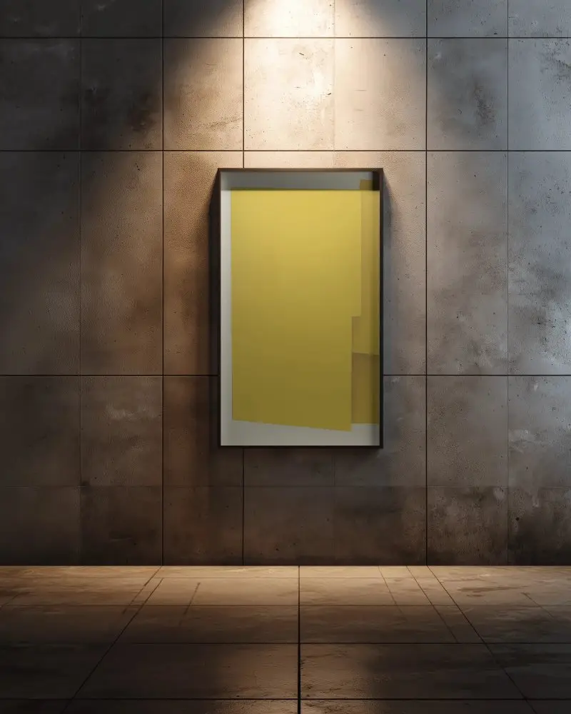 Stylish Portrait Orientation Frame Mockup Hanging On Concrete Wall In Dark Room