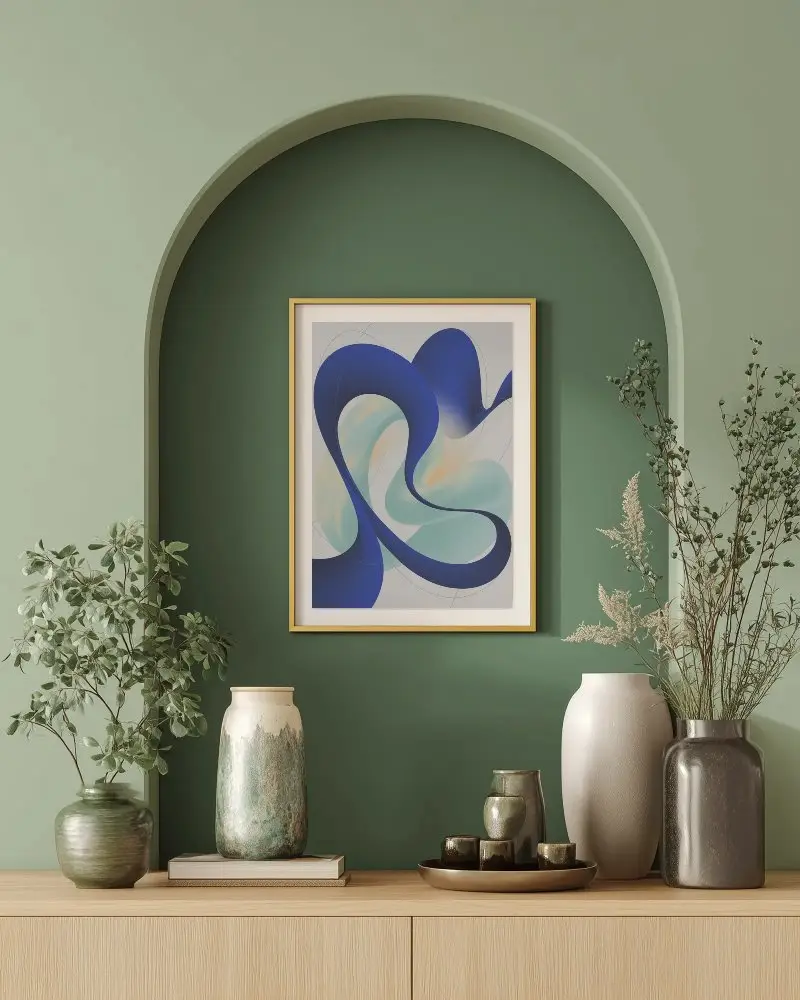 Home Decor Styled Frame Mockup With Modern Vase Arrangement And Green Arched Niche Background