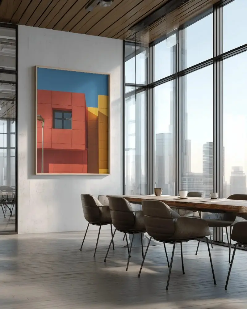 Modern Conference Room With Floor To Ceiling Windows And Large Wall Frame Mockup