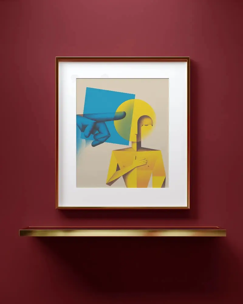 Luxury Metallic Edged Frame Mockup Showcasing Contemporary Art On Deep Hued Wall Background