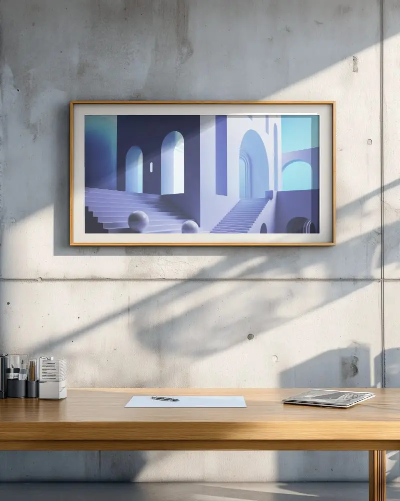 Modern Minimalist Workspace With Horizontal Photo Frame Mockup On Concrete Wall Background