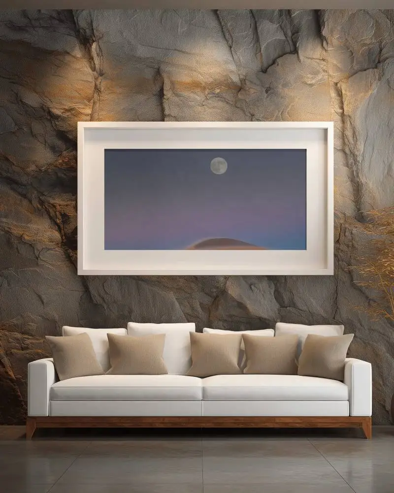 Spacious Living Room Display Frame Mockup On Textured Rock Wall With Sofa Background