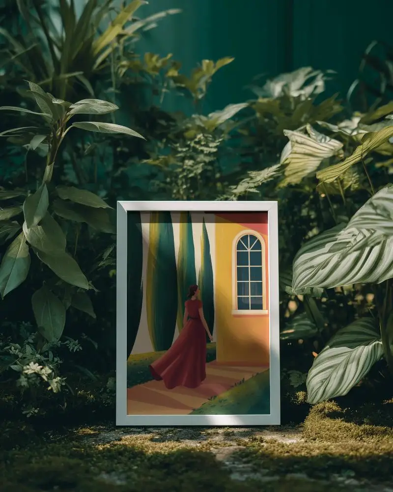 Minimalistic Frame Mockup Surrounded By Lush Leaves On Soft Ground For Creative Users