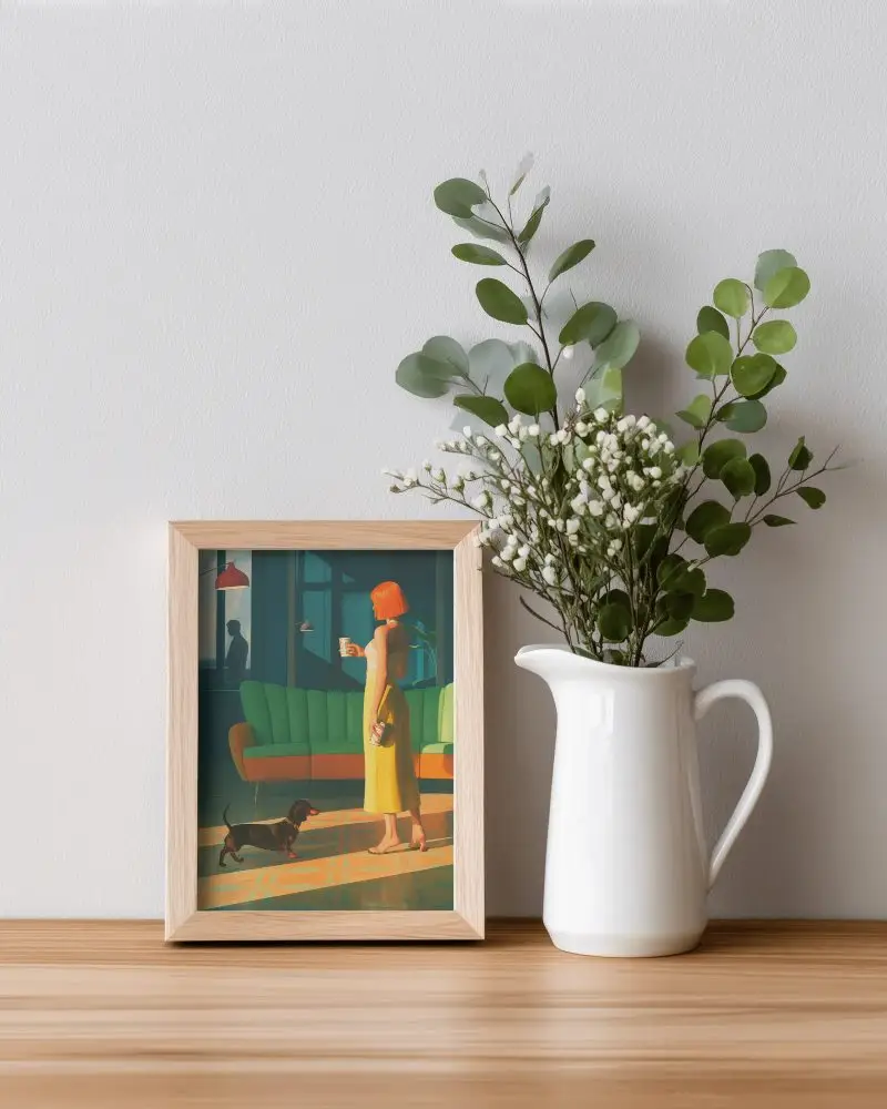 Minimalistic Wooden Photo Frame Mockup With Modern Floral Vase Decor Ideal For Home Interior Design