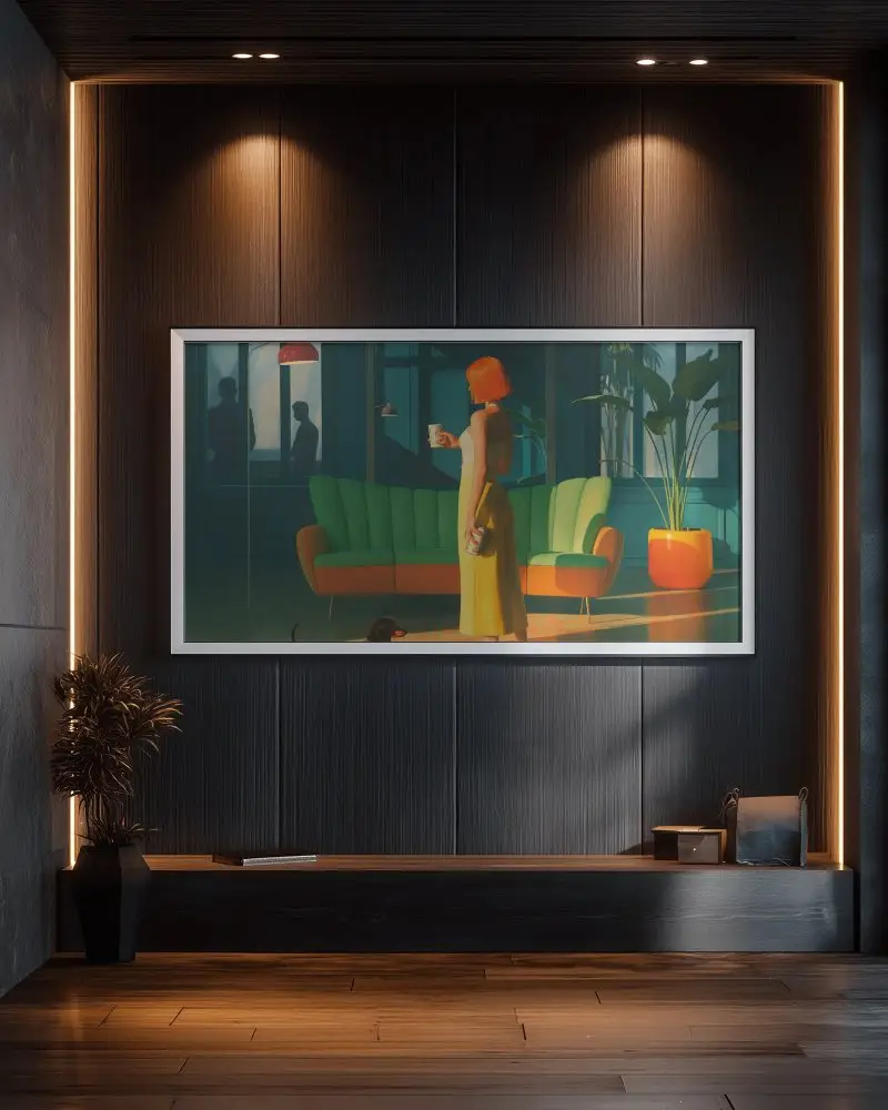 Sleek Large Horizontal Frame Mockup On Textured Wooden Wall With Subtle Shadow And Ambient Light