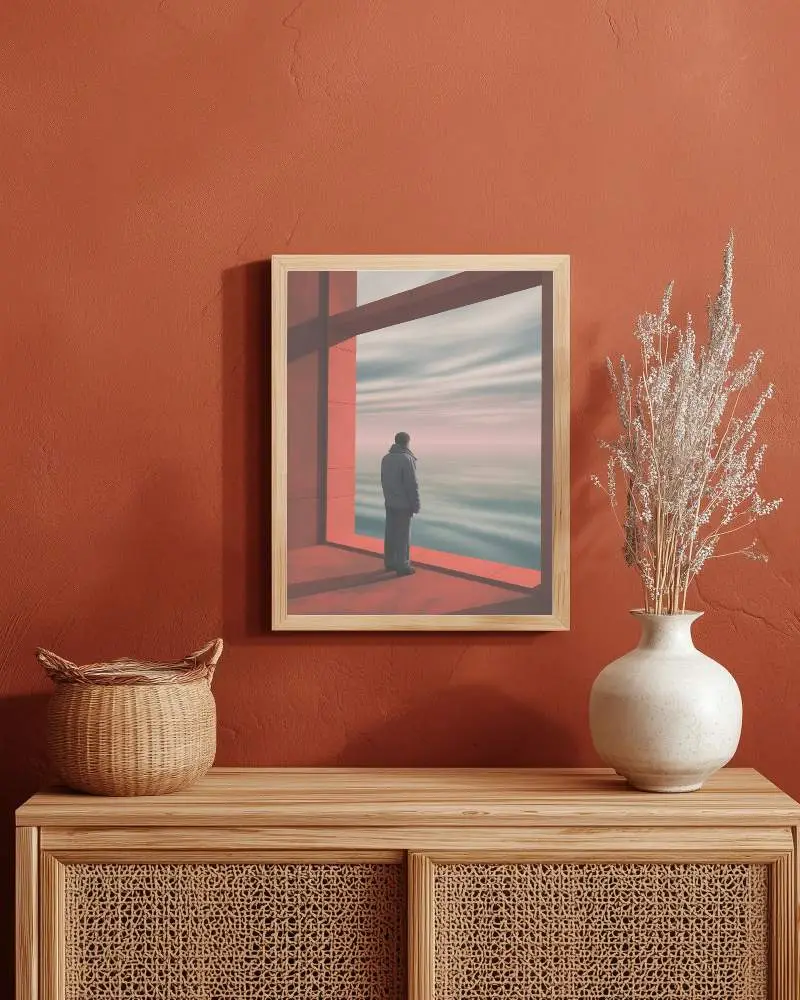 Minimalistic Wooden Frame Mockup Hanging On Textured Wall Near Decorative Vase And Basket
