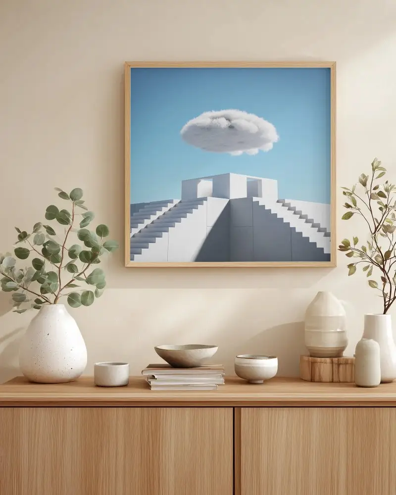 Minimalist Blank Frame Mockup On Neutral Wall With Ceramic Decor Items For Creative Display