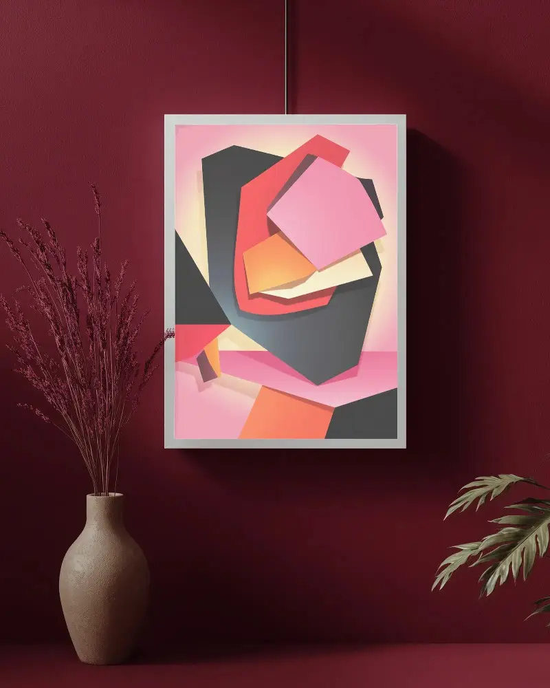 Minimalist Hanging Frame Mockup With Simple Vase And Natural Decor On Maroon Wall Background