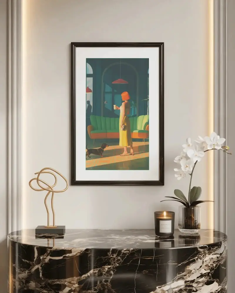 Modern Minimalist Wall Frame Mockup With Decorative Elements And Marble Console For Artwork