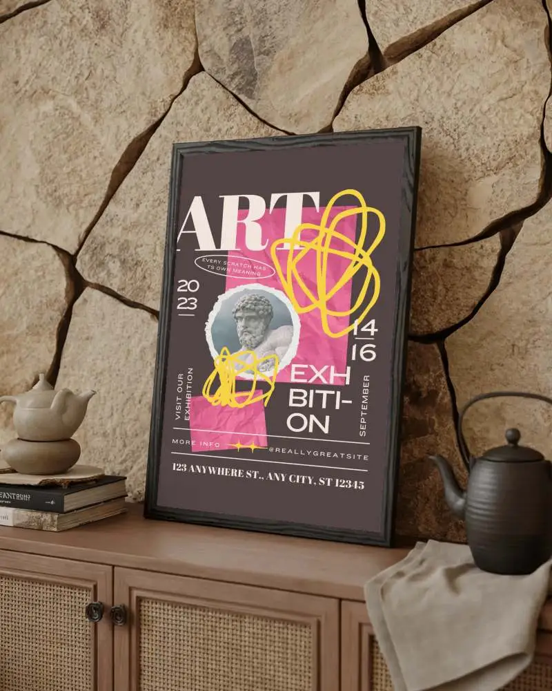 Minimalist Frame Sticker Mockup With Modern Ceramic Teapot And Textured Stone Wall Background Setup