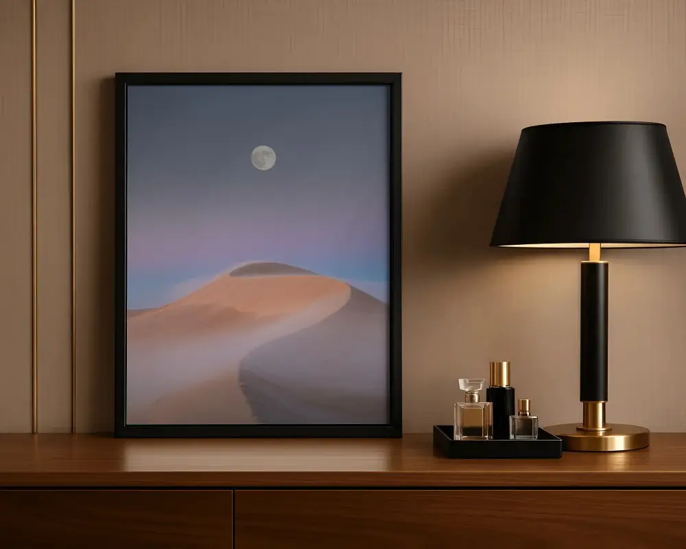 Modern Minimalist Frame Sticker Mockup With Table Lamp And Perfume Bottles On Wooden Shelf