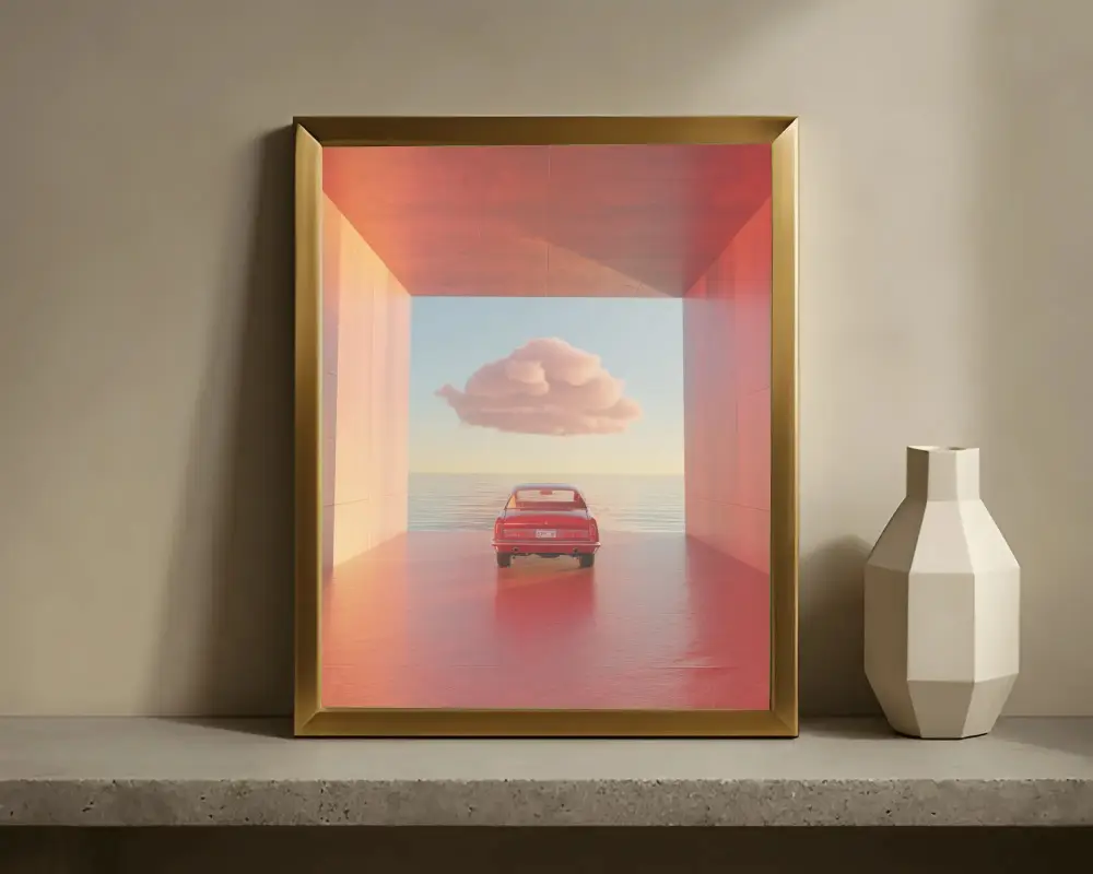 Sleek Frame Sticker Mockup On Concrete Shelf With Decorative Pottery For Art Showcase Presentation