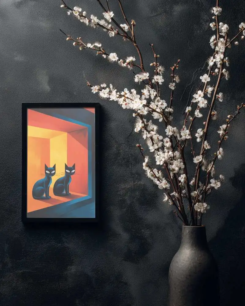 Minimalistic Frame Mockup With Blossoming Flower Branches In Elegant Vase Against Dark Wall