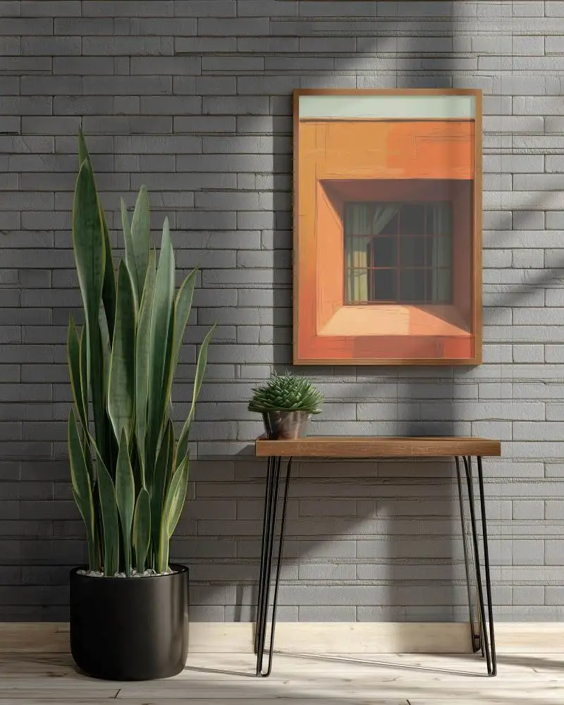 Modern Minimalist Frame Mockup On Brick Wall With Indoor Plants And Simple Wooden Table
