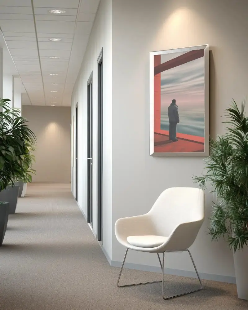 Vertical Blank Picture Frame Mockup On Office Wall Near Chair And Greenery For Presentation