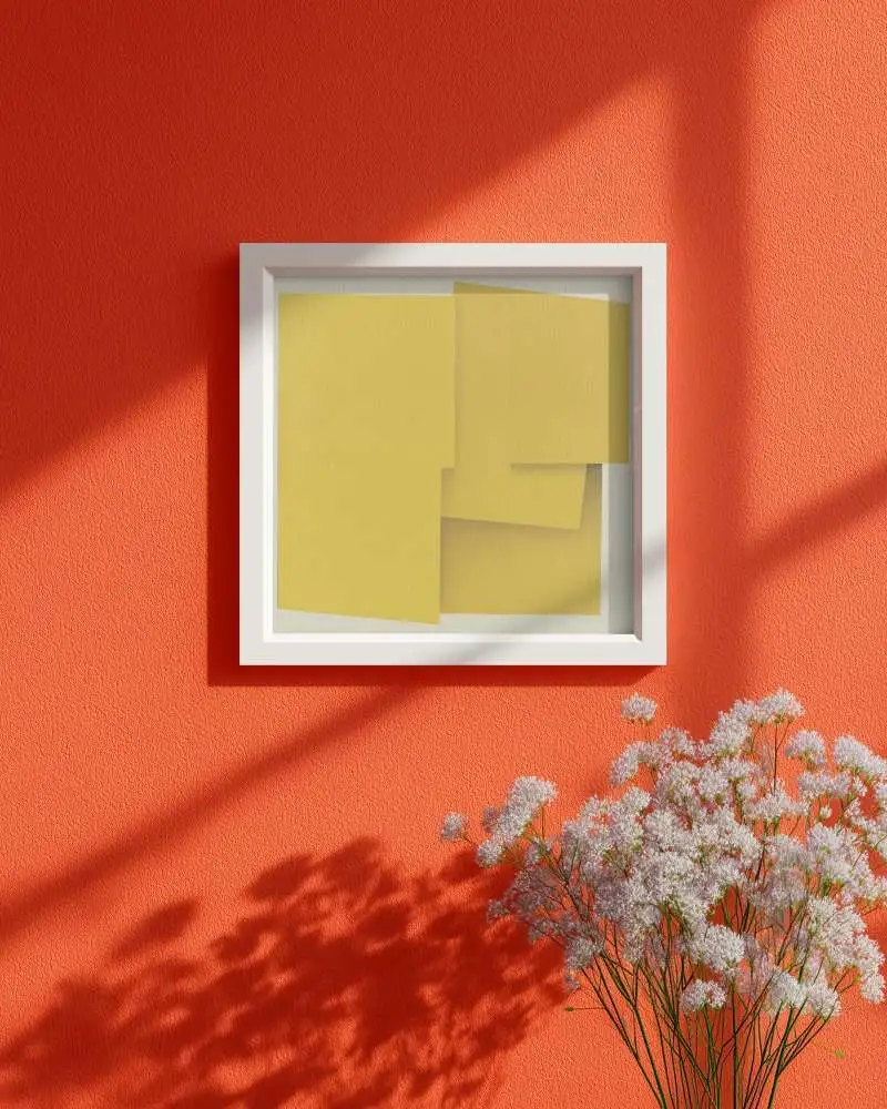 Modern Square Frame Mockup With Realistic Shadows And Floral Decoration On Colorful Wall