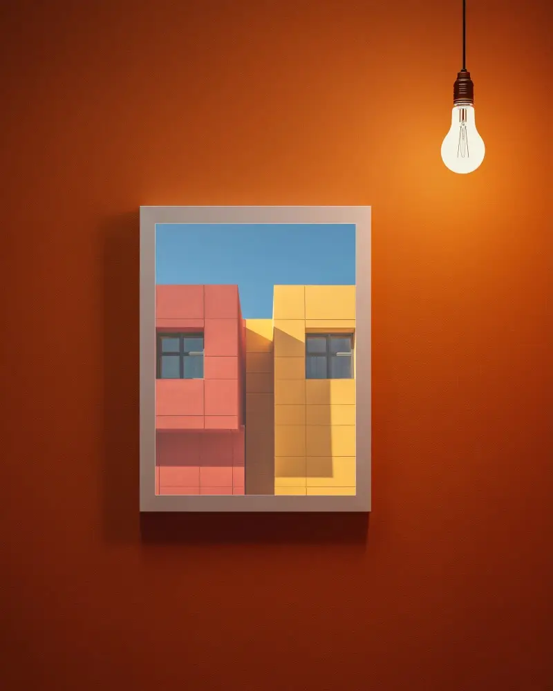 Modern Wall Frame Mockup With Bright Lightbulb On Plain Textured Background For Display