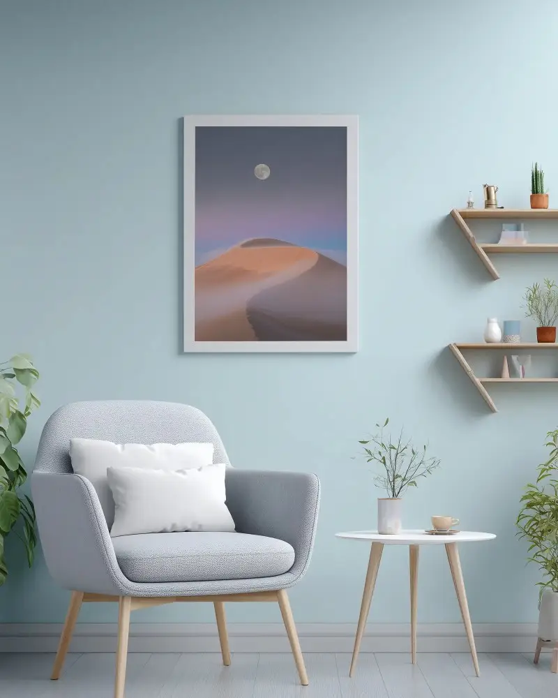 Modern Cozy Living Room Frame Mockup With Comfortable Armchair And Decorative Shelves