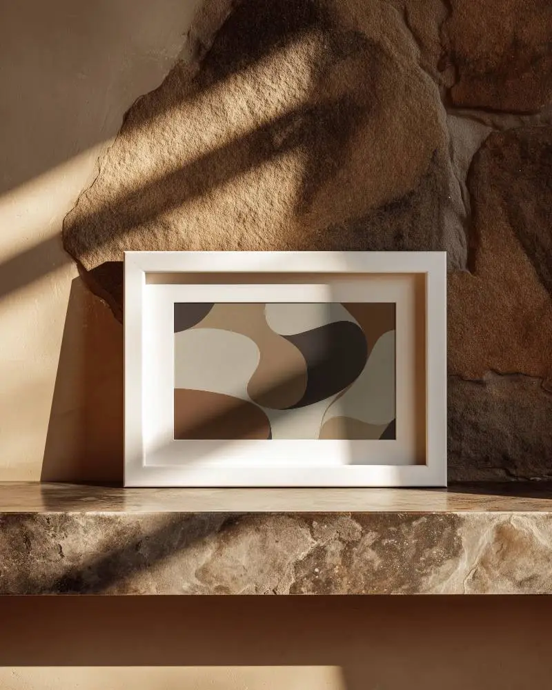 Minimalistic Photo Frame Mockup On Stone Shelf With Natural Light Shadow For Wall Art Display