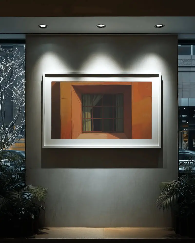 Illuminated Gallery Frame Mockup On Wall With Modern Spotlight Interior Decor