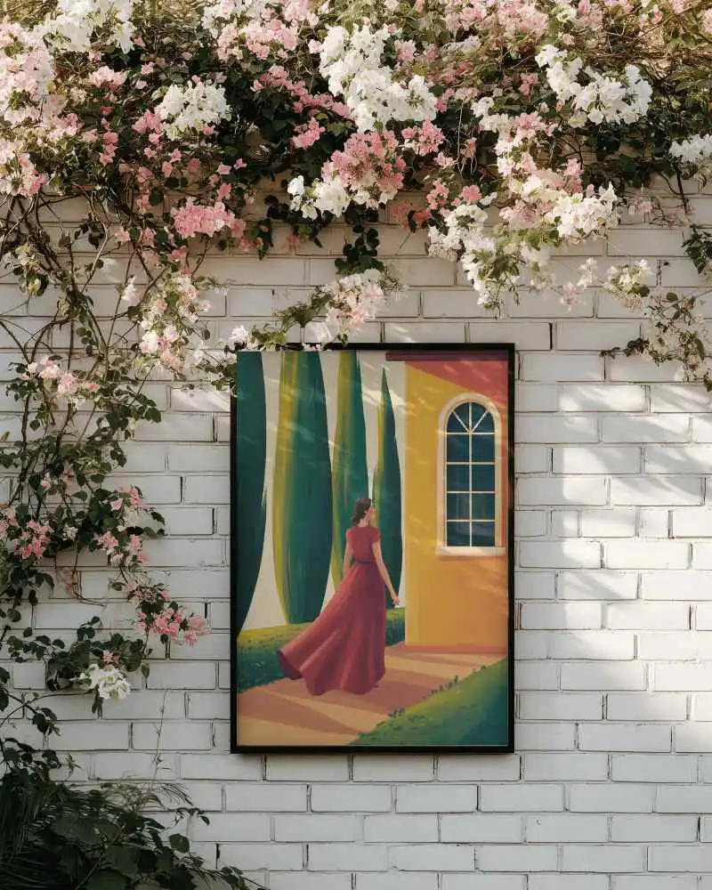Outdoor Frame Mockup On Brick Wall Surrounded By Blooming Flowers For Garden Decor