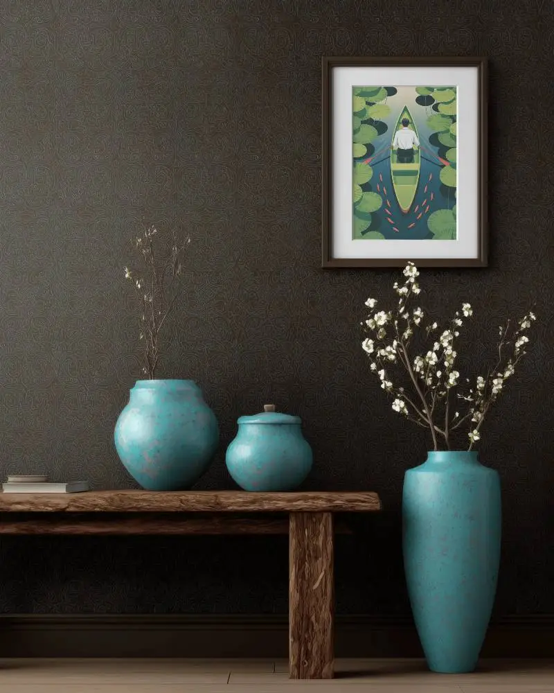 Premium Frame Mockup On Wall With Stylish Vases And Wooden Furniture For Home Display