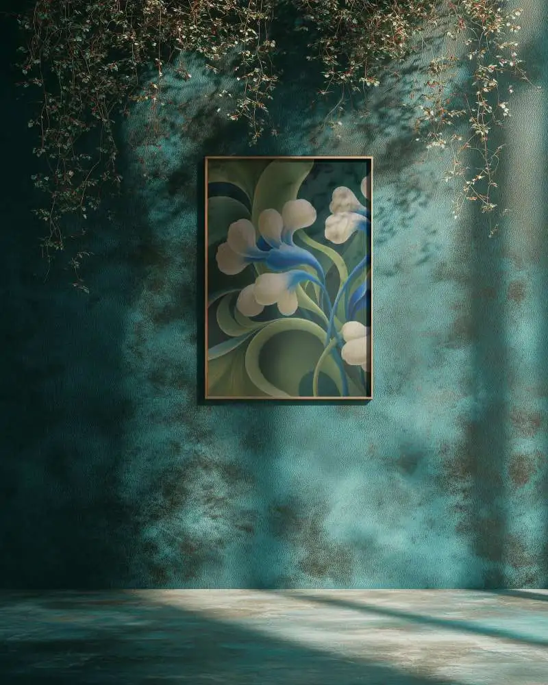 Elegant Frame Mockup With Natural Shadows And Greenery On Stylish Teal Wall