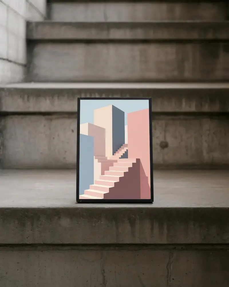 Blank Frame Mockup On Concrete Stairs For Customized Art And Poster Showcase