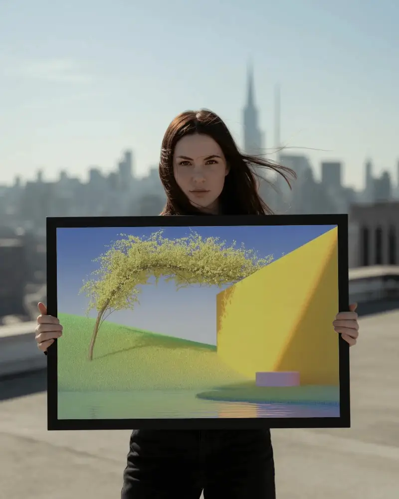 Urban Rooftop Frame Mockup With Calm Female Model For Advertising And Promotion