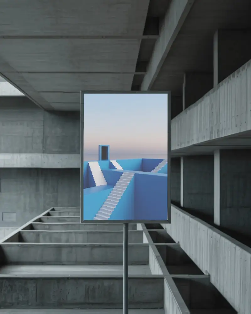 Blank Urban Advertising Frame Mockup In Modern Concrete Architectural Setting For Promotional