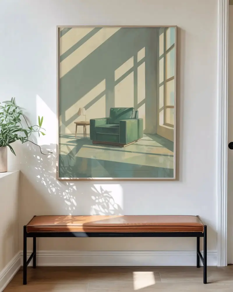 Modern Home Entryway With Blank Wall Art Frame Mockup And Minimalist Bench Furniture Design