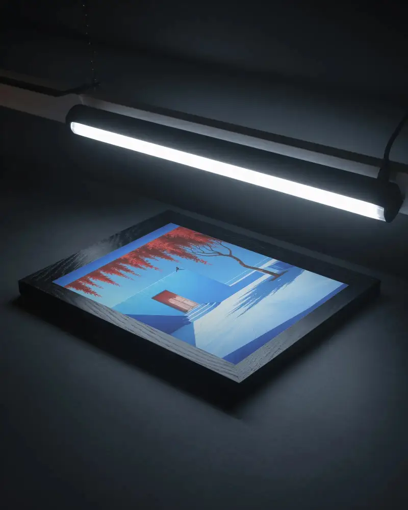 Modern Minimalist Portrait Frame Mockup With Overhead Lighting And Dark Background