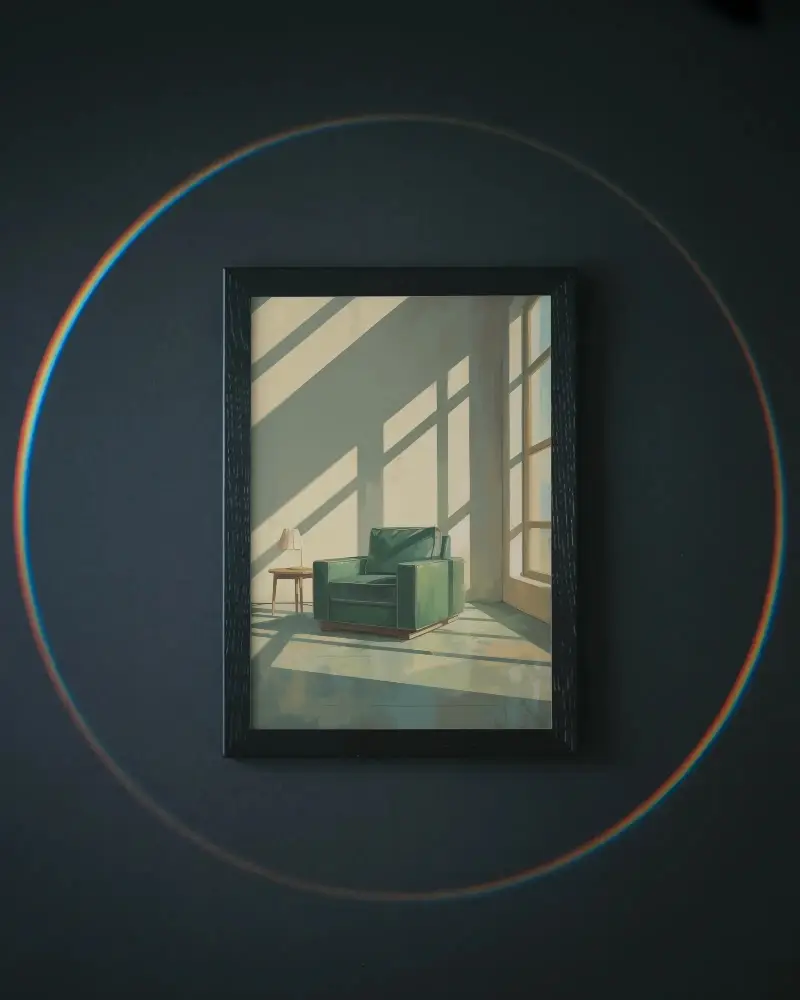 Empty Portrait Frame Mockup With Subtle Circle Light Effect On Dark Background