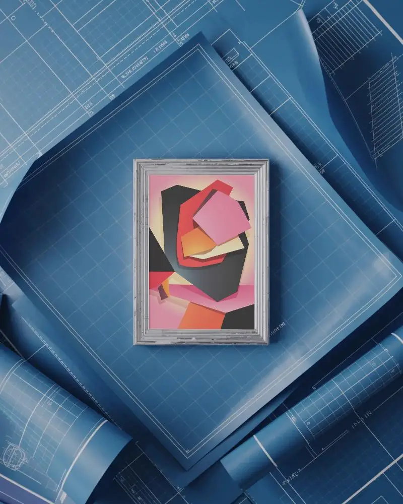 Vintage Style Wooden Frame Mockup Placed On Folded Blueprints For Presentation