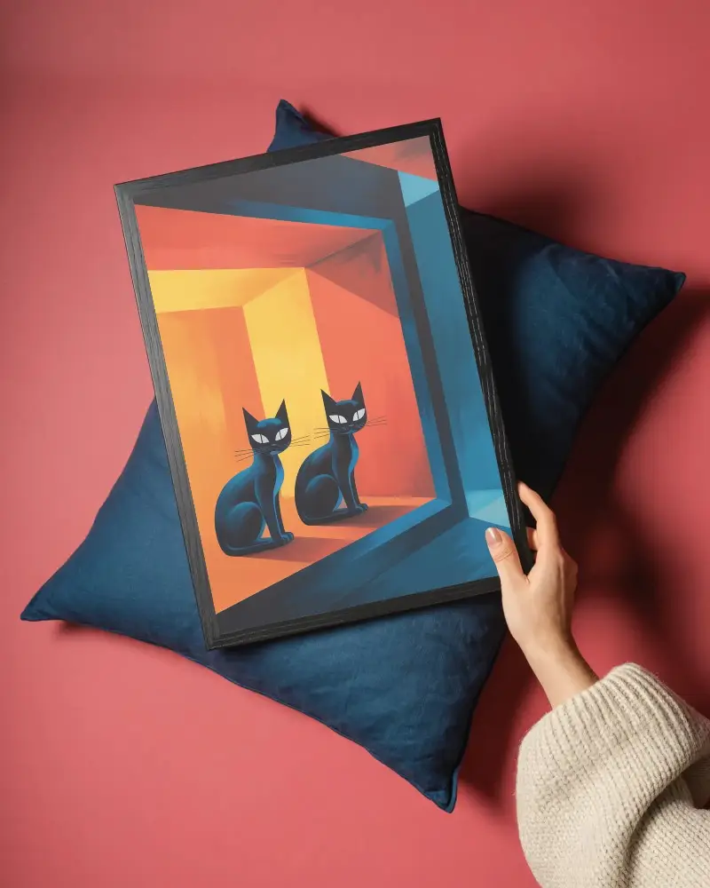Minimalist Frame Mockup Held By Hand On Pillow With Solid Background For Design Display