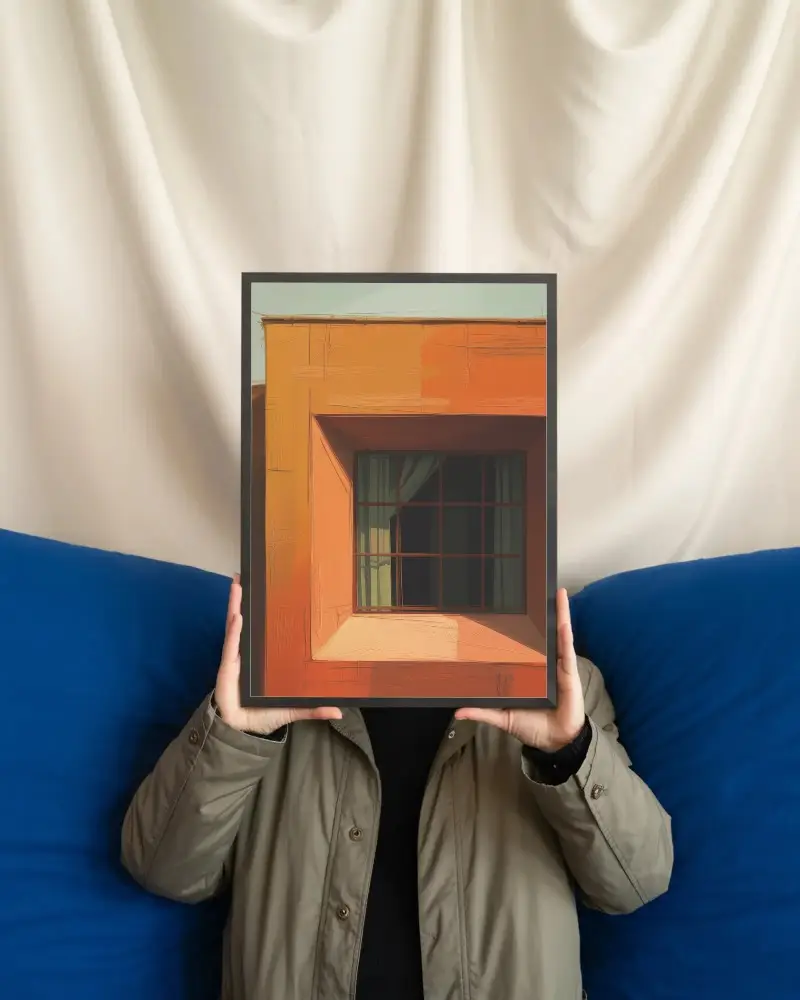 Vertical Photo Frame Mockup Showcased By Person On Plush Cushioned Background