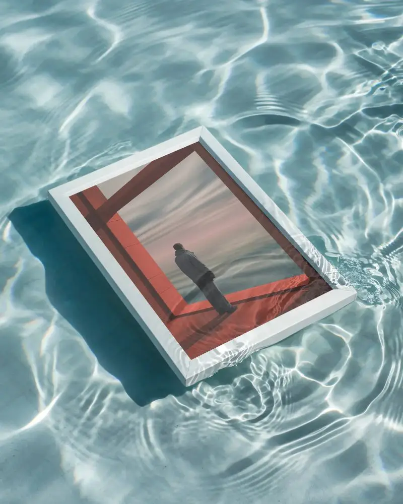 Photorealistic Floating Frame Mockup Showcasing Water Ripples For Modern Artwork Display