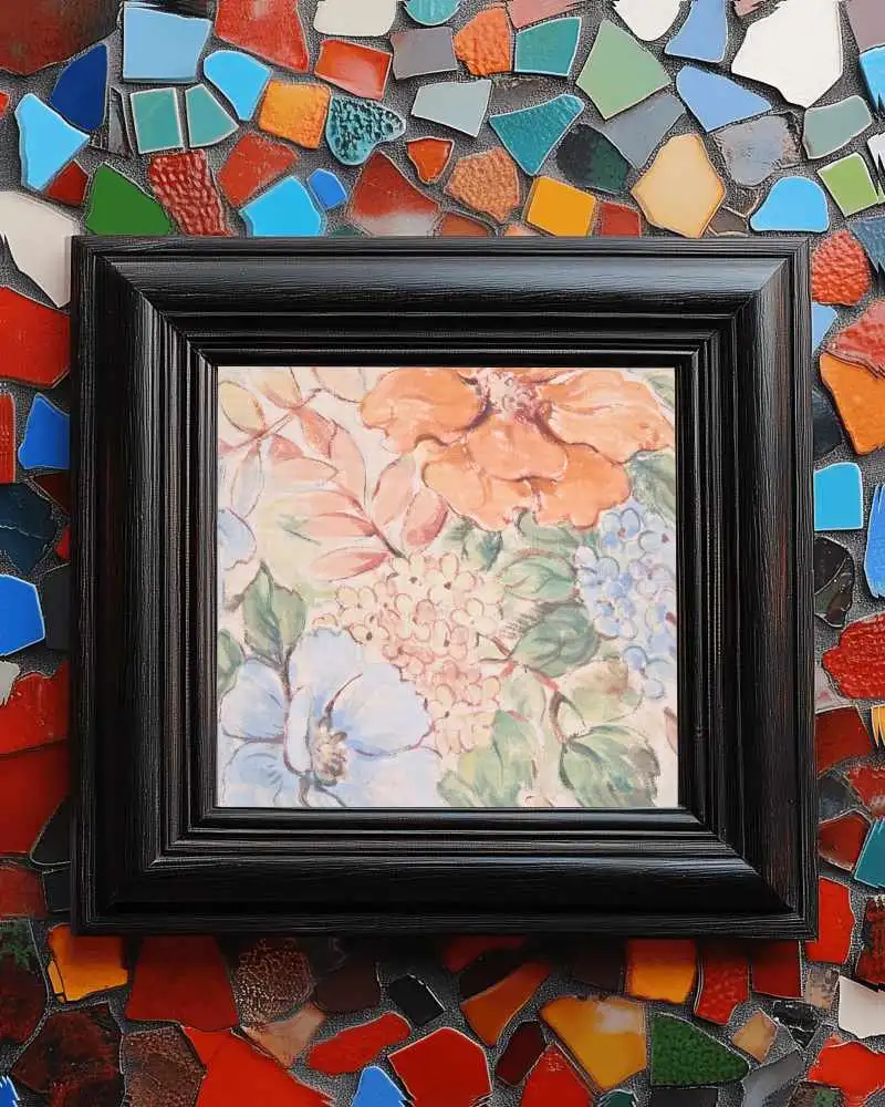 Artistic Photo Frame Mockup On Colorful Mosaic Wall Black Frame With Bold Vibrant Pieces Great For Eclectic Art Or Poster Designs