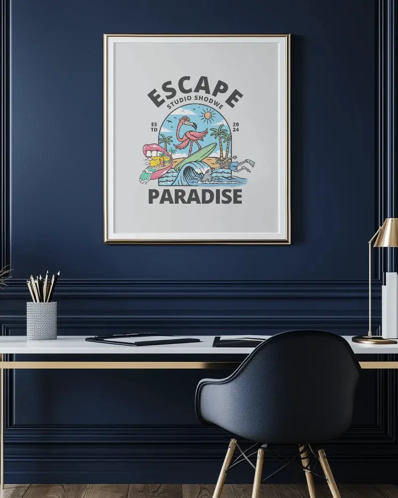 Luxury Office Photo Frame Mockup On Navy Wall With Golden Accents Minimal Desk Setup For Elegant Art Presentation