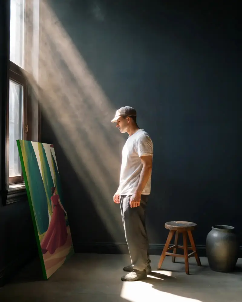 Natural Sunray Illumination On Man Viewing Blank Black Frame Mockup Propped Against Dark Wall 