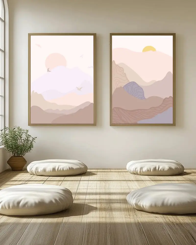 Natural Light Photo Frame Mockup In Earthy Styled Room With Low Pillow Seating For Calm Design Showcases And Mindful Branding