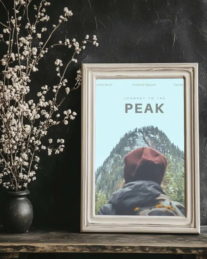 Rustic White Frame Mockup On Dark Wall Vintage Wood Surface With Dried Flowers Perfect For Cottagecore Posters Or Artwork Showcase